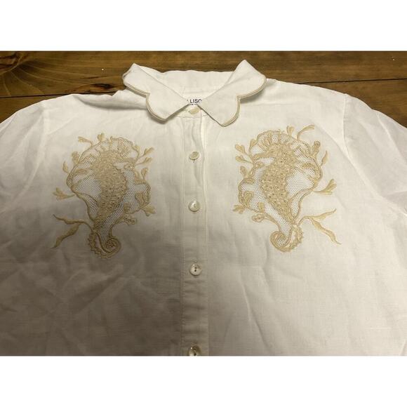 Allison New York Ivory Scalloped Embroidered Seahorse Top Small - Picture 4 of 11